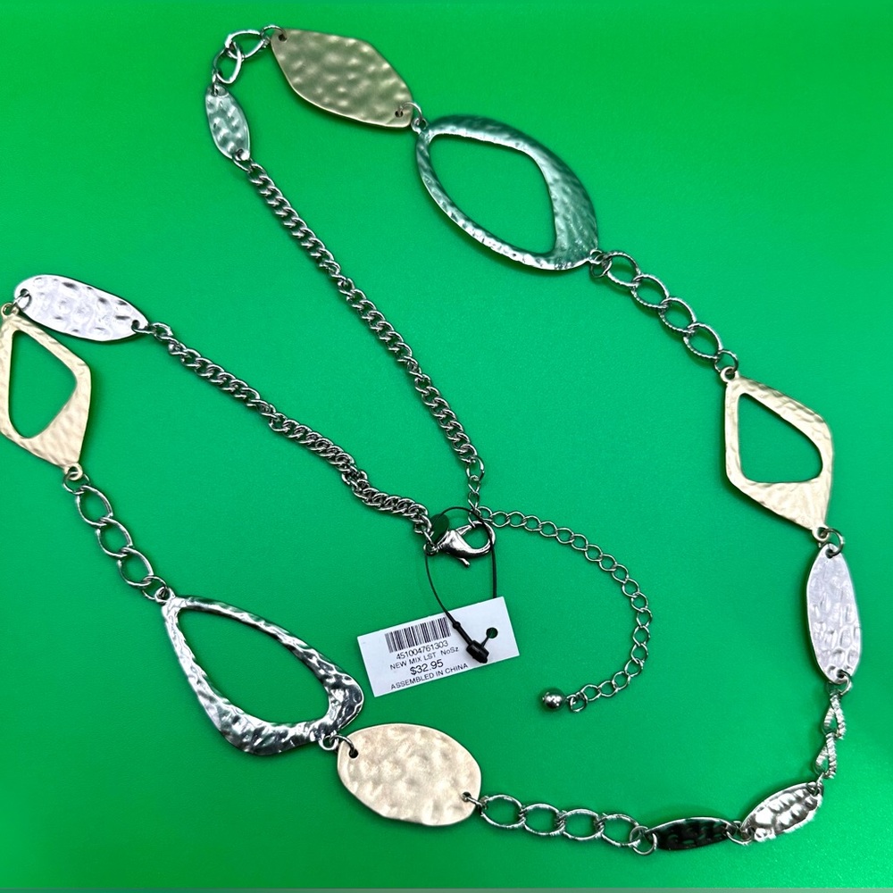 Chico’s Mixed Metal Statement Bib Necklace Hammered Silver/Gold Modern NWT